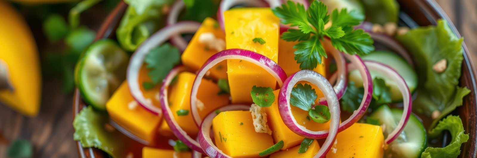 Fresh mango salad with red onion and herbs served in a bowl with lime wedges and greens